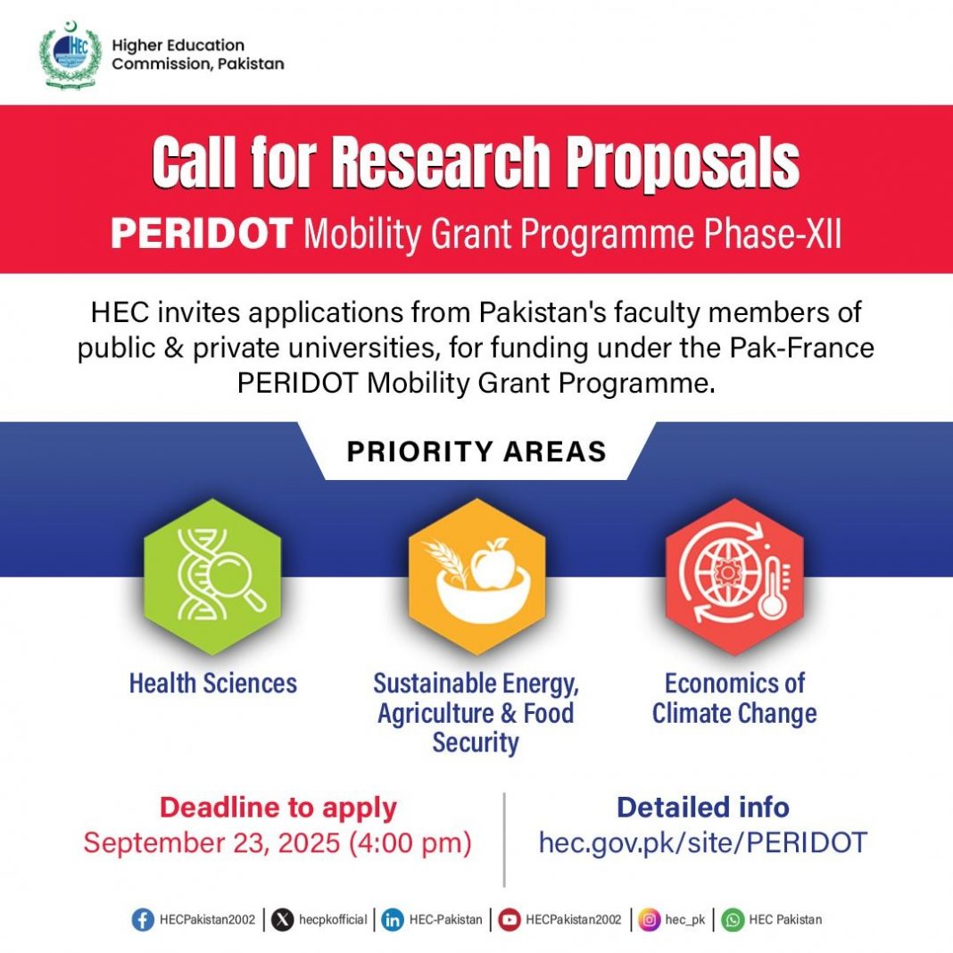Applications are invited for PERIDOT Mobility Grant Programme (Phase-XII) Deadline to apply: September 23, 2025 (4:00 pm) Detailed… – HEC Pakistan