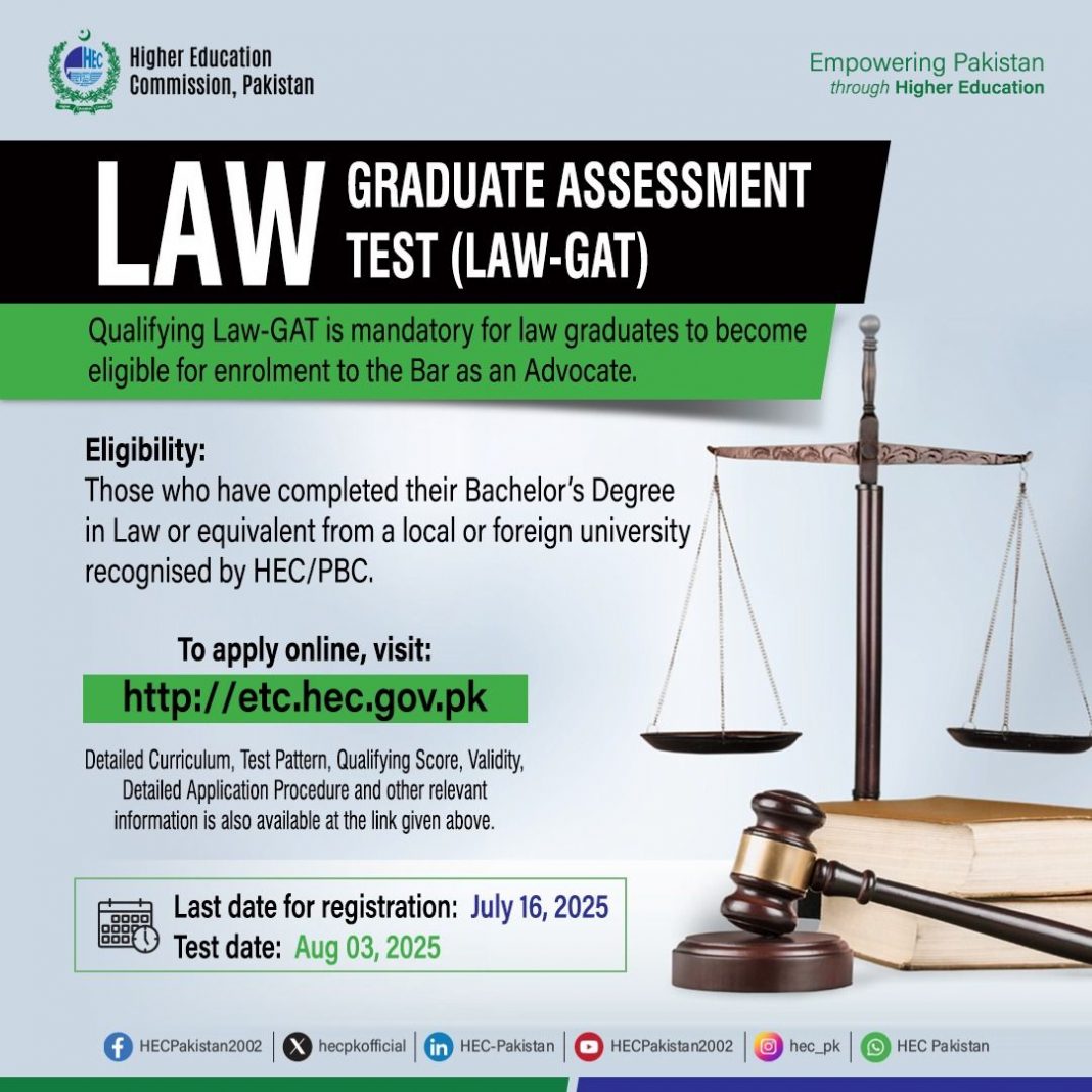 Registrations open for LAW-GAT Detailed information & application at: etc.hec.gov.pk Last date of registration: July 16, 2025 Test… – HEC Pakistan LinkedIn Page